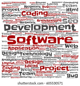 Vector concept or conceptual software development project coding technology square word cloud isolated on background metaphor to application, web design, seo, ideas, implementation, testing or upgrade