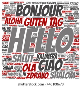 Vector concept or conceptual square hello or greeting international word cloud in different languages or multilingual, metaphor to world, foreign, worldwide, travel, translate, vacation or tourism