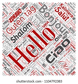 Vector Concept Or Conceptual Square Red Hello Or Greeting International Tourism Word Cloud In Different Languages Or Multilingual. Collage Of World, Foreign, Worldwide Travel Translate, Vacation