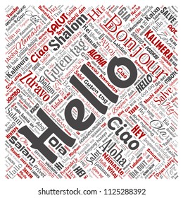 Vector concept or conceptual square red hello or greeting international tourism word cloud in different languages or multilingual. Collage of world, foreign, worldwide travel translate, vacation