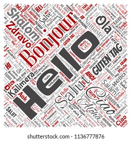 Vector concept or conceptual square red hello or greeting international tourism word cloud in different languages or multilingual. Collage of world, foreign, worldwide travel translate, vacation