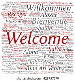 Vector concept or conceptual square welcome or greeting international word cloud in different languages or multilingual, metaphor to world, foreign, worldwide, travel, translate, vacation or tourism