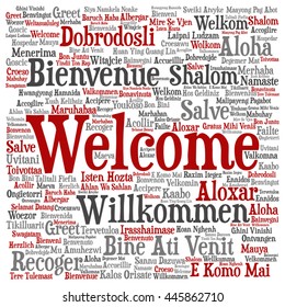 Vector concept or conceptual square welcome or greeting international word cloud in different languages or multilingual, metaphor to world, foreign, worldwide, travel, translate, vacation or tourism