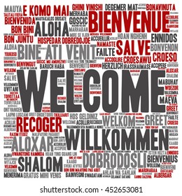 Vector concept or conceptual square welcome or greeting international word cloud in different languages or multilingual, metaphor to world, foreign, worldwide, travel, translate, vacation or tourism