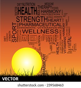 Vector concept or conceptual text word cloud as tree and grass on sunset sky with sun word cloud background, metaphor to health, nutrition, diet, wellness, body, energy, medical, sport, heart science