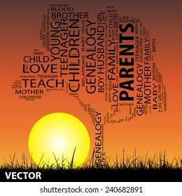 Vector concept or conceptual text word cloud or tagcloud as tree and grass on sunset with sun, cloud background, metaphor to child, family, education, life, home, love and school learn or achievement