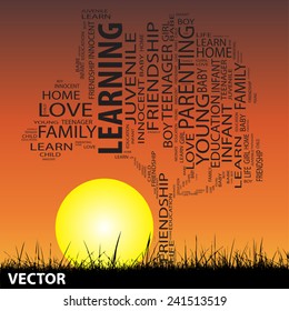 Concepto vectorial o texto conceptual nube de palabras o tagcloud como árbol y hierba al atardecer con sol, fondo de nube, metáfora a niños, familia, educación, vida, hogar, amor y aprendizaje o logro escolar