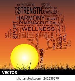 Vetor conceito ou texto conceitual palavra nuvem como árvore e grama no céu do pôr do sol com o fundo da nuvem da palavra do sol, metáfora para a saúde, nutrição, dieta, bem-estar, corpo, energia, médico, esporte, ciência do coração