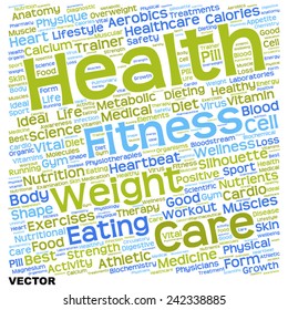 Vector concept or conceptual text word cloud tagcloud isolated on white background, metaphor for health, nutrition, diet, wellness, body, energy, medical, sport, heart, physique, medicine or science