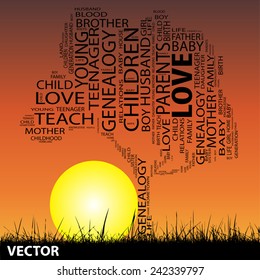 Vector concept or conceptual text word cloud or tagcloud as tree and grass on sunset with sun, cloud background, metaphor to child, family, education, life, home, love and school learn or achievement
