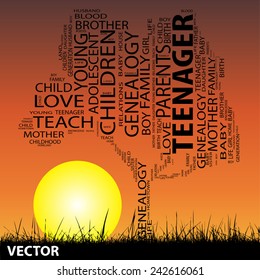 Vector concept or conceptual text word cloud or tagcloud as tree and grass on sunset with sun, cloud background, metaphor to child, family, education, life, home, love and school learn or achievement
