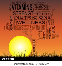 Vector concept or conceptual text word cloud as tree and grass on sunset sky with sun word cloud background, metaphor to health, nutrition, diet, wellness, body, energy, medical, sport, heart science