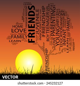 Vector concept or conceptual text word cloud or tagcloud as tree and grass on sunset with sun, cloud background, metaphor to child, family, education, life, home, love and school learn or achievement