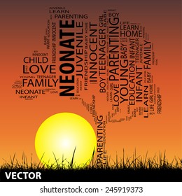 Vector concept or conceptual text word cloud or tagcloud as tree and grass on sunset with sun, cloud background, metaphor to child, family, education, life, home, love and school learn or achievement