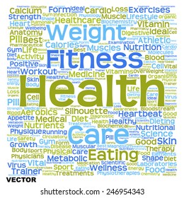 Vector concept or conceptual text word cloud tagcloud isolated on white background, metaphor for health, nutrition, diet, wellness, body, energy, medical, sport, heart, physique, medicine or science