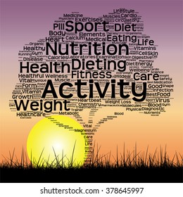 Vector concept or conceptual text word cloud as tree and grass on sunset sky with sun word cloud background, metaphor to health, nutrition, diet, wellness, body, energy, medical, sport, heart science