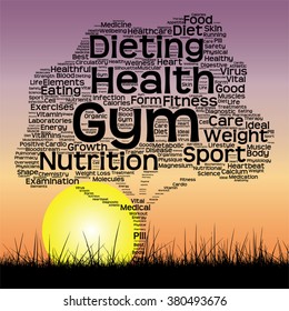 Vector concept or conceptual text word cloud as tree and grass on sunset sky with sun word cloud background, metaphor to health, nutrition, diet, wellness, body, energy, medical, sport, heart science