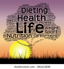 Vector concept or conceptual text word cloud as tree and grass on sunset sky with sun word cloud background, metaphor to health, nutrition, diet, wellness, body, energy, medical, sport, heart science