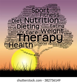 Vector concept or conceptual text word cloud as tree and grass on sunset sky with sun word cloud background, metaphor to health, nutrition, diet, wellness, body, energy, medical, sport, heart science
