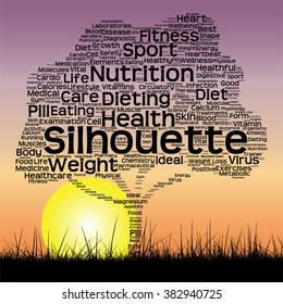 Vector concept or conceptual text word cloud as tree and grass on sunset sky with sun word cloud background, metaphor to health, nutrition, diet, wellness, body, energy, medical, sport, heart science
