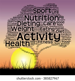 Concepto vectorial o texto conceptual nube de palabras como árbol y hierba en el cielo al atardecer con fondo de nube de palabras solares, metáfora a la salud, nutrición, dieta, bienestar, cuerpo, energía, medicina, deporte, ciencia del corazón