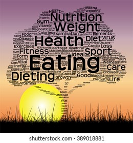 Vector concept or conceptual text word cloud as tree and grass on sunset sky with sun word cloud background, metaphor to health, nutrition, diet, wellness, body, energy, medical, sport, heart science