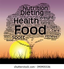 Vector concept or conceptual text word cloud as tree and grass on sunset sky with sun word cloud background, metaphor to health, nutrition, diet, wellness, body, energy, medical, sport, heart science