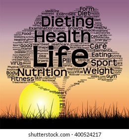 Vector concept or conceptual text word cloud as tree and grass on sunset sky with sun word cloud background, metaphor to health, nutrition, diet, wellness, body, energy, medical, sport, heart science