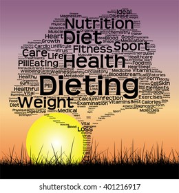 Vector concept or conceptual text word cloud as tree and grass on sunset sky with sun word cloud background, metaphor to health, nutrition, diet, wellness, body, energy, medical, sport, heart science