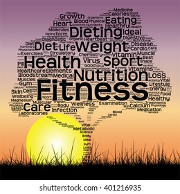 Vector concept or conceptual text word cloud as tree and grass on sunset sky with sun word cloud background, metaphor to health, nutrition, diet, wellness, body, energy, medical, sport, heart science