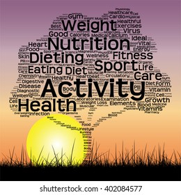 Vector concept or conceptual text word cloud as tree and grass on sunset sky with sun word cloud background, metaphor to health, nutrition, diet, wellness, body, energy, medical, sport, heart science