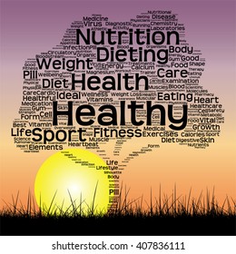 Vetor conceito ou texto conceitual palavra nuvem como árvore e grama no céu do pôr do sol com o fundo da nuvem da palavra do sol, metáfora para a saúde, nutrição, dieta, bem-estar, corpo, energia, médico, esporte, ciência do coração