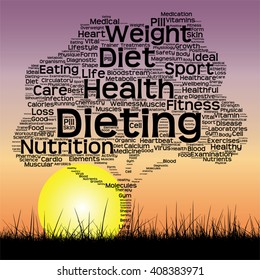 Vector concept or conceptual text word cloud as tree and grass on sunset sky with sun word cloud background, metaphor to health, nutrition, diet, wellness, body, energy, medical, sport, heart science