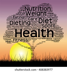 Concepto vectorial o texto conceptual nube de palabras como árbol y hierba en el cielo al atardecer con fondo de nube de palabras solares, metáfora a la salud, nutrición, dieta, bienestar, cuerpo, energía, medicina, deporte, ciencia del corazón