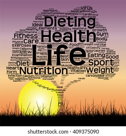 Vector concept or conceptual text word cloud as tree and grass on sunset sky with sun word cloud background, metaphor to health, nutrition, diet, wellness, body, energy, medical, sport, heart science
