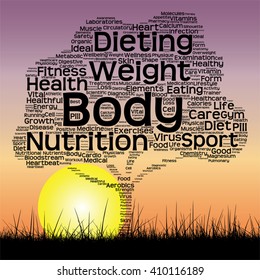 Vector concept or conceptual text word cloud as tree and grass on sunset sky with sun word cloud background, metaphor to health, nutrition, diet, wellness, body, energy, medical, sport, heart science