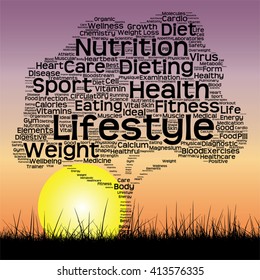 Vector concept or conceptual text word cloud as tree and grass on sunset sky with sun word cloud background, metaphor to health, nutrition, diet, wellness, body, energy, medical, sport, heart science