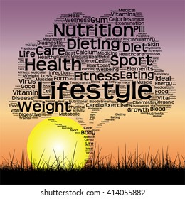 Vector concept or conceptual text word cloud as tree and grass on sunset sky with sun word cloud background, metaphor to health, nutrition, diet, wellness, body, energy, medical, sport, heart science