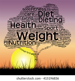 Vector concept or conceptual text word cloud as tree and grass on sunset sky with sun word cloud background, metaphor to health, nutrition, diet, wellness, body, energy, medical, sport, heart science