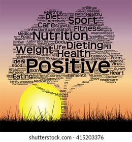 Vector concept or conceptual text word cloud as tree and grass on sunset sky with sun word cloud background, metaphor to health, nutrition, diet, wellness, body, energy, medical, sport, heart science