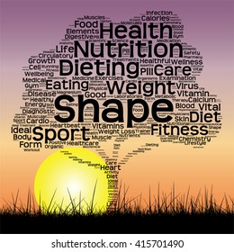Vector concept or conceptual text word cloud as tree and grass on sunset sky with sun word cloud background, metaphor to health, nutrition, diet, wellness, body, energy, medical, sport, heart science