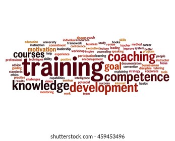 Vector concept or conceptual training, coaching or learning, study word cloud isolated on background metaphor to mentoring, development, skills, motivation, career, potential, goals or competence