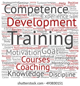 Concepto vectorial o formación conceptual, entrenamiento o aprendizaje, nubes de palabras cuadradas aisladas en metáfora de fondo a tutoría, desarrollo, habilidades, motivación, carrera, potencial, objetivos o competencia