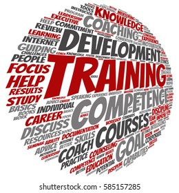 Vector concept or conceptual training, coaching or learning, study word cloud isolated on background metaphor to mentoring, development, skills, motivation, career, potential, goals or competence