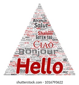 Vector concept or conceptual triangle arrow hello or greeting international tourism word cloud in different languages or multilingual. Collage of world, foreign, worldwide travel translate, vacation
