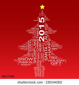Vector concept or conceptual white Christmas tree isolated on a red background made of text or words wordcloud, metaphor to holiday, Santa, tradition, gift, christian, happy, festive, religion or joy