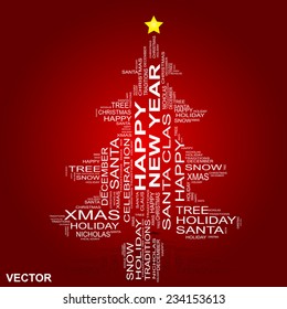 Vektorkonzept oder konzeptioneller weißer Weihnachtsbaum auf rotem Hintergrund aus Text oder Wörtern Wortwolke, Metapher für Urlaub, Weihnachten, Winter, Tradition, Geschenk, christlich, glücklich, festlich, religiös oder fröhlich