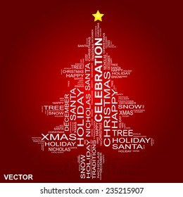 Vector concept or conceptual white Christmas tree on a red background made of text or words wordcloud, metaphor to holiday, Santa, winter, tradition, gift, christian, happy, festive, religion or joy
