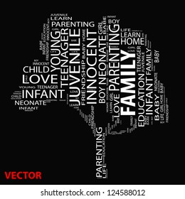 Vector Concept Or Conceptual White Text Wordcloud Or Tagcloud As A Tree Isolated On Black Background As A Metaphor For Child,family,education,life,home,love And School Learn Or Achievement