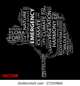 Vector concept or conceptual white text word cloud as tree isolated on black background, metaphor to nature, ecology, green, energy, natural, life, world or global, protect, environmental or recycling